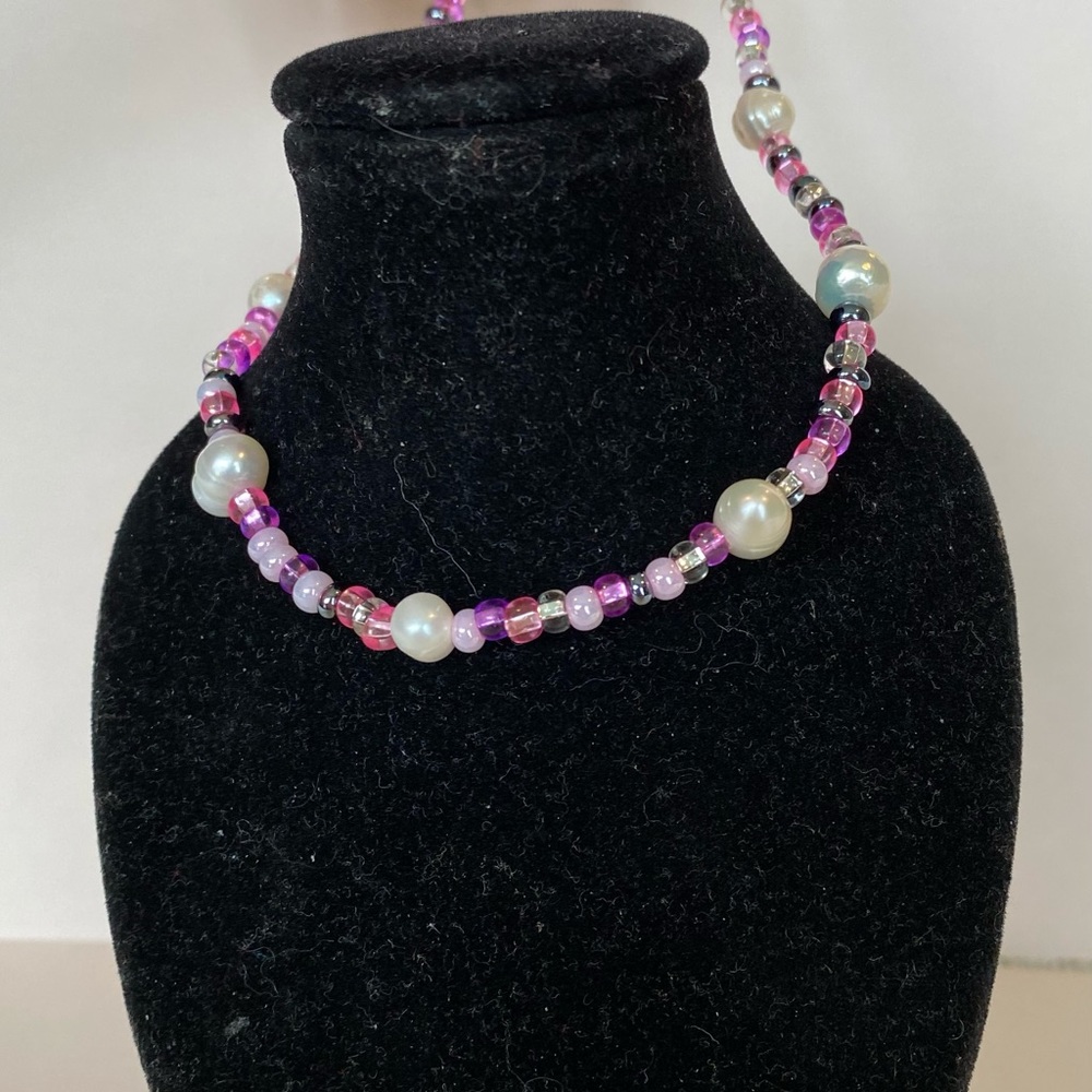purple and pink pearl charm necklace